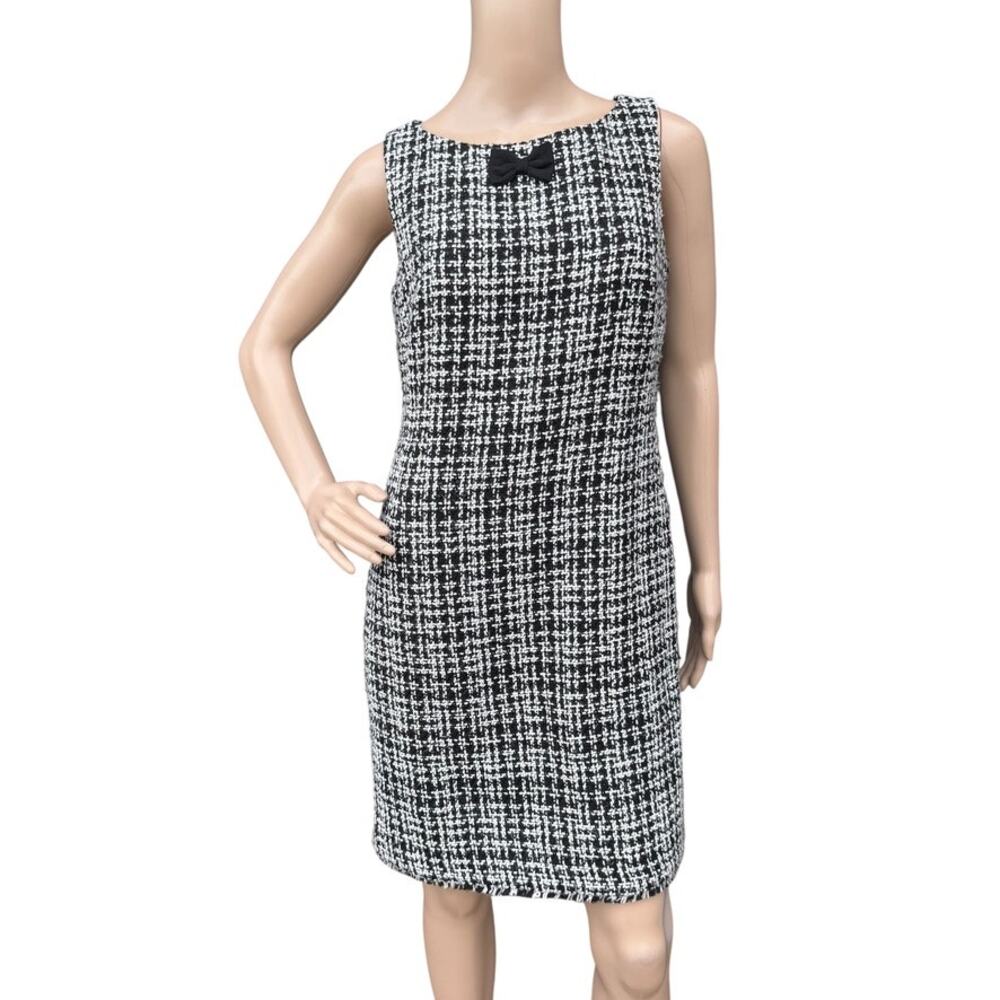 NWT St. John 12 Black White Tweed Sheath Dress Bow